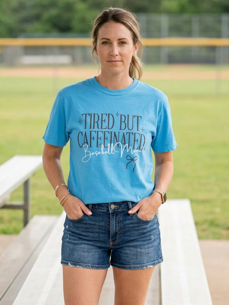 Tired but Caffeinated Baseball Mom - Short Sleeve Tee in Royal Caribe