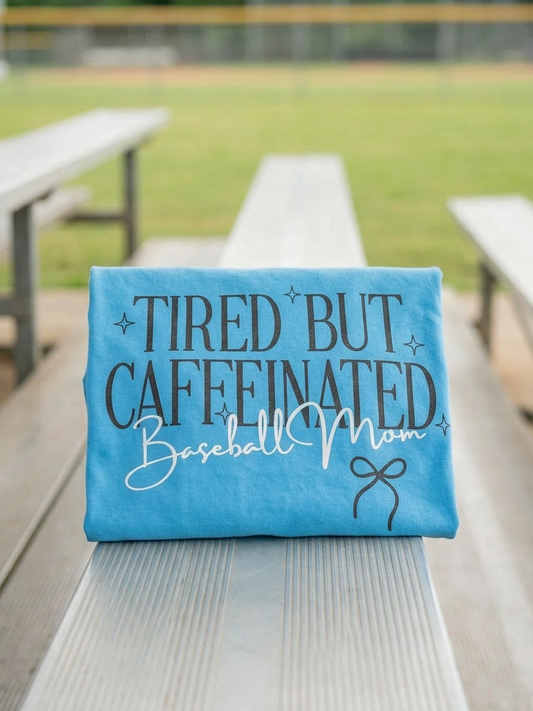 Tired but Caffeinated Baseball Mom - Short Sleeve Tee in Royal Caribe